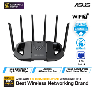 ASUS TUF Gaming BE6500 Dual Band WiFi 7 (802.11be) Extendable Gaming Router Quad 2.5GbE ports 3-step Port Forwarding Smart Home Master AiMesh support and AiProtection Pro for Network Security