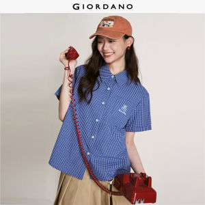 Giordano Women Tom & Jerry embroidery short sleeve grid shirt Free Shipping 18346312