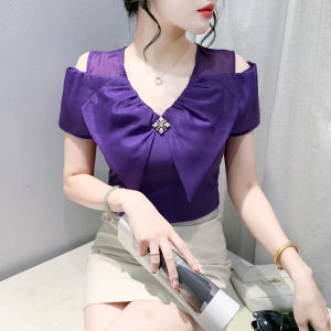 Yimei 2024 mùa hè mới thời trang Châu Âu Ruffle cạnh áo phông cổ chữ V của phụ nữ tay ngắn thiết kế gợi cảm ra khỏi vai ôm vừa cotton hàng đầu