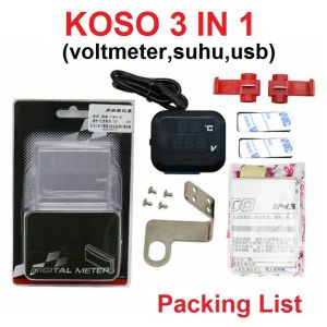 Koso Voltmeter 3in1 Pengukur Alat Ukur Tegangan Aki Suhu Digital Jam dengan USB Charger 12V 24V Waterproof Universal Untuk Semua Motor Mobil