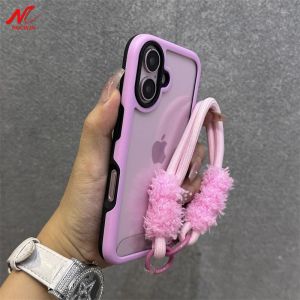 3 in 1 Hybrid Armor Case for iPhone 13 12 11 14 15 16 Pro Max 16 Plus Transparent Contrast Color Lanyard Wrist Strap Phone Cover