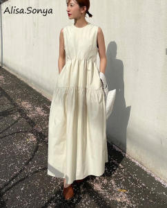 Alisa Sonya ชุดเดรสยาวสตรีสไตล์เกาหลีชุดเดรสผ้าฝ้ายแขนกุดเอวสูงสีพื้น