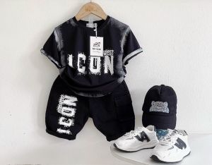 Đồ Bộ Cộc Tay Quần kaky đen bé trai kiểu Hip Hop cá tính và năng động cho bé Trai Chữ ICON Màu Loang như hình Size Từ 26-42kg Size đại