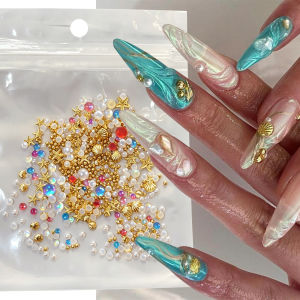 120-200Pcs/bag Summer Ocean Pearl Metal Starfish Nail Charms Steel Beads Shells Nail Art Accessories Mermaid Beads Nail Supplies h260819