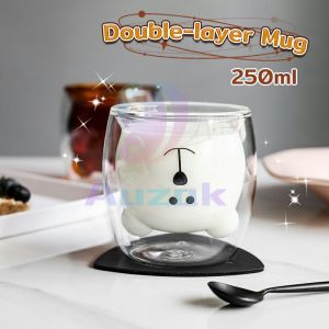 AUK Creative Cute Bear Double-layer Mug Coffee Milk Glass Lady Cute Gift Cup Christmas gift