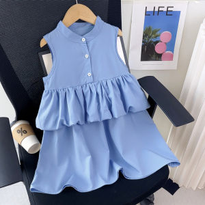 Menoea Mùa Hè Trẻ Em Quần Áo Cô Gái Giản Dị Dresses Mới quần áo trẻ em Màu Xanh Ruffle Một hàng khuy Vá váy công chúa không tay Trẻ Em Của Outwear Trang Phục 3-7 Năm