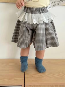 Baby sleeveless T T-shirt with lace trim and plaid shorts set for girls summer clothing lightweight Korean-style childrens wear childrens summer outfit