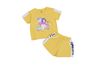 Bộ sort bé gái hình in thỏ tay cánh tiên quần có túi Kidstyle dành cho bé 21-32kg màu hồng và vàng