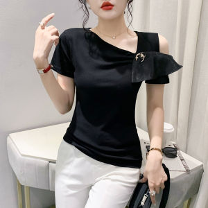 REHIN Womens top Summer new trend off-the-shoulder short sleeve T-shirt ruffle edge versatile elegant M-3XL blouse
