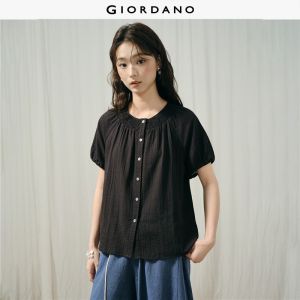 Giordano Women Subtle grid smocked round neck blouse Free Shipping 18346820