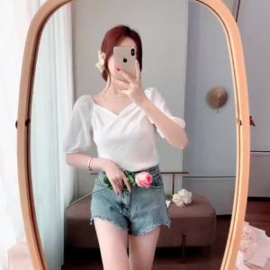 Áo sơ mi trắng tay ngắn kiểu dáng trang trọng dành cho nữ có nhiều kích cỡ cổ chữ V chất liệu voan mềm mại tay phồng kiểu áo chui đầu có xếp ly chất liệu cotton tay phồng phong cách phương Tây kiểu Hàn Quốc phù hợp mặc thường ngày đi làm áo