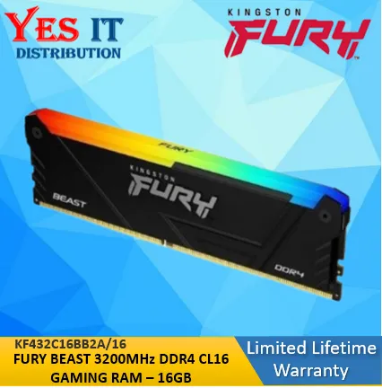 KINGSTON FURY BEAST RGB 8GB / 16GB / 32GB 3200MHz DDR4 Desktop Gaming RAM ( KF432C16BB/8 / KF432C16BBA/8 / KF432C16BB1/16 / KF432C16BBA/16 / KF432C16BBAK2/16 / KF432C16BB/32 / KF432C16BB2A/16 / KF432C16BB2A/32)