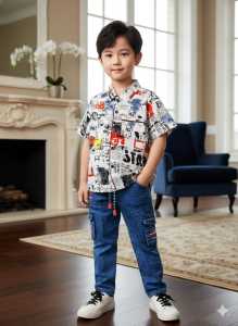 TERLARIS setelan kemeja casual anak cowok celana jeans panjang biru///setelan baju celana jeans untuk umur 1 tahun sampai 12 tahun///pakaian anak cowok lengan pendek motif koran celana jeans cargo terbaru 2023///pakaian terbaru edisi lebaran