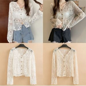 DENGXUN Long Sleeve Crochet Top V-Neck Button Down Lace Blouse Korean Style See Through Embroidery Blouse for Spring Summer Autumn