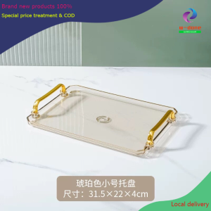 【Ready STOCK】【COD】Elegant Nordic Transparent Gold Double Ear Handle Multipurpose Tray Home Storage