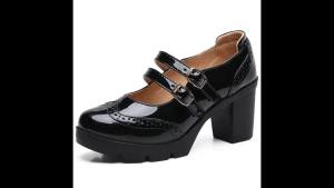 EOFK Women Pumps Shoes Genuine Leather New Mary Jane High Heels Shinny Patent Woman Ladies Shoes Pumps Brogue High Square Heel