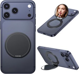 Magnetic Phone Case Stand with Mirror for MagSafe Universal Metal Adjustable Kickstand for iPhone 17/16/15/14 Pro Max Phone Mirror for All Smartphone Used for Women Outdoor Makeup Black
