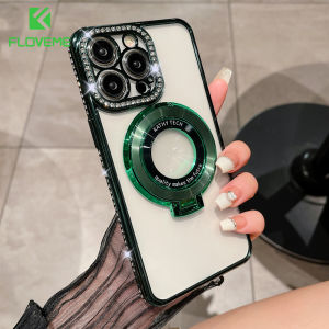 FLOVEME Plating Glitter Rhinestones Clear Phone Case For iPhone 15 14 13 12 11 Pro Max 15 14 Plus With MagSafe Stand Holder Wireless Charging Lens Protection TPU Anti-fall Shockproof Back Cover For iphone 15 14 13 12 11