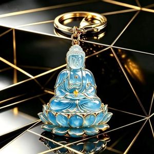Fortune and Good Luck Keychain Gift 已开光 招财钥匙扣礼物 新中式绿玉髓大日如来钥匙扣 轻奢金边莲花座汽车挂件男女礼品吊