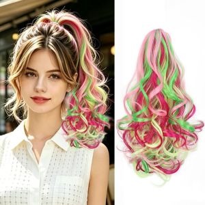 IVAOU Drawstring Curly Ponytail Wig 14inch Long Claw Clip Pony Tail Hair Piece Easy to Style Ponytail Extensions Ombre Rainbow Layered Ponytail for Women