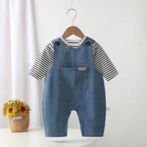 เสื้อผ้าเด็ก ชุดบอดี้สูทแขนยาว 2 ชิ้น ฤดูใบไม้ร่วง มาใหม่ เป็นมิตรกับผิวและระบายอากาศได้ดี ชุดลายทางเรียบง่าย สไตล์เกาหลี เหมาะสำหรับเด็กอายุ 4-36 เดือน