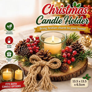 Christmas Table Candle Holder Pinecone Red Berry Wood Base Glass Cup Centerpiece Decor Gift