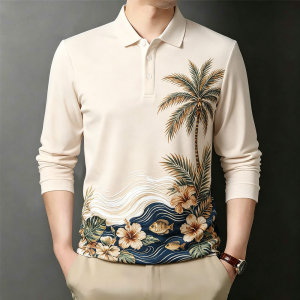 New Style Men Long Sleeve Polo Breathable Comfy Half Side Tropical Palm Hibiscus Printed Three Button Turn Down Collar Standard Fit Seaside Vacation Gentleman Top