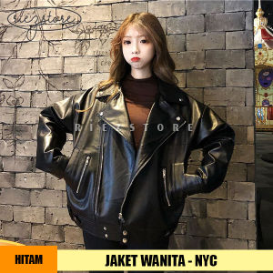 RZS x NYC - Jaket Kulit Oversize Leather Jacket Women Wanita Korean Jumbo Crop Asli Garut Original Premium Import Distro Korean Style Rock N Roll 100% Cewek Kekinian Besar Tebal Button Terbaru 2021 Classic Vintage Casual Warna Hitam Ukuran M-XXL