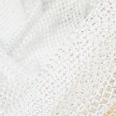 Hotfix Full Diamond Elastic Mesh Fabric - Colorful Rhinestone Net Cloth for Clothing Embellishments Per Yard