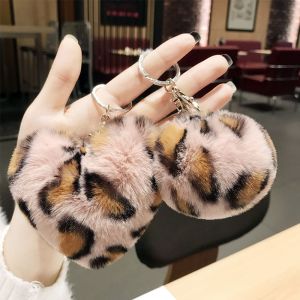 CUTE CLIP Bags Accessories Pendant Faux Rabbit Fur Leopard Plush Heart Plush Keychain Key Ring Fur Ball Key Chains