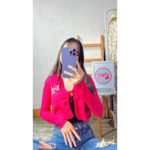 QR - RG CARDI WANITA TERBARU MOTIF TULISAN CETAK / BARBIE XOXO Rib Knitted Cardigan (LD 88 P 35) / CARDIGAN LENGAN PANJANG DEPAN TALI IKAT HIDUP