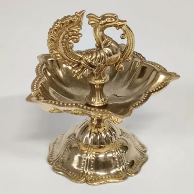 Brass Peacock Design Deepam for Pooja & Festival Décor – Elegant Diwali & Navratri Oil Lamp (Size - 8 (W)*8 (H) cm | Weight - 100g | Pack of 1 Pc)