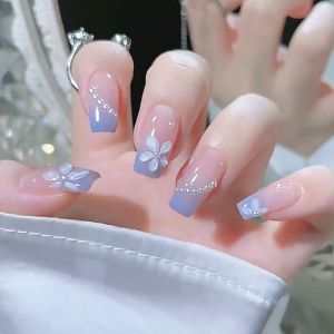 24pcs Fake NaiIs With GIue Short/Iong False Nails Nail A rt lce Camellia Pearl Powder Transparent Nails