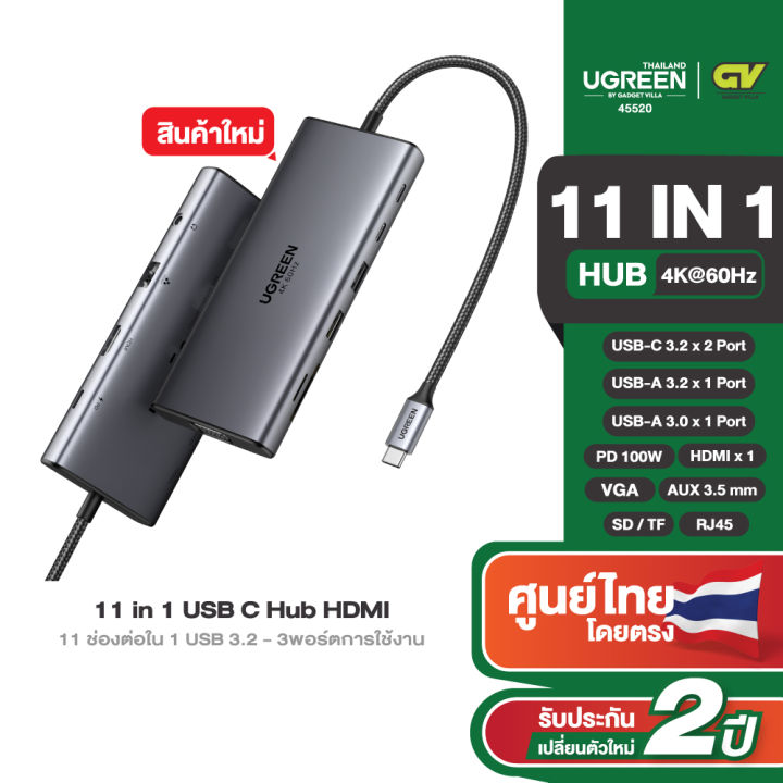UGREEN อะแดปเตอร์ HUB Type C 11in1 USB-C To 2USB-C 3.2+USB-A 3.2+USB-A 3.0+HDMI รองรับ 4K60Hz+PD รุ่น 45520