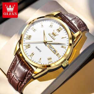 2026 OLEVS 5892 Mens Wristwatch Dual Calendar Display Classic Watch Waterproof Leather Strap Mens Quartz Watch