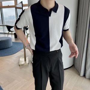 Light Mature Mens Summer Ice Silk Knitted Turn-Down Collar Short Sleeve Polo Mens Korean Style Casual Striped Color-Block Breathable Shirt T T-shirt