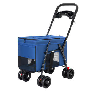 Foldable Pet Stroller Folding Pet Cart with 3 Entrances | Shock-Absorbing Wheels | Pet Travel Pram | Safety Belt | Meal Tray