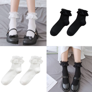 Women Girls Sweet Ruffle Frilly Lace Short Crew Socks Japanese School Solid Color Breathable Mesh Hosiery