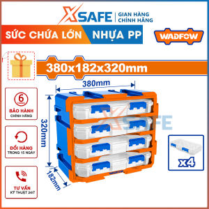 Bộ tủ gồm 4 hộp nhựa chia 13 ngăn đựng linh kiện 380x182x320 mm Tổng kích thước:380x182x320mm. Chất liệu: nhựa PP Wadfow WTB8344
