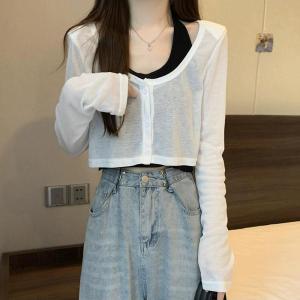 Ssee Áo thun có dây treo cổ chữ U áo bảo vệ khỏi ánh mặt trời dài tay áo ba lỗ ghép đôi hai mảnh cỡ lỡn quần áo nữ