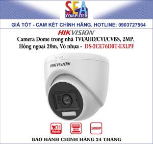 HIKVISION Camera Dome trong nhà TVI/AHD/CVI/CVBS 2MP  Hồng ngoại 20m Võ nhựa -  DS-2CE76D0T-EXLPF