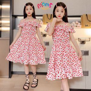 Off Shoulder Dress for Kids Girls Korean Style Cute Printed Design Casual Lightweight Dress for Girls 3-12 Years Old