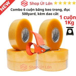 Combo 6 cuộn băng keo trong đục 500yard 1 cuộn 1kg lõi 5mm kèm dao cắt băng keo
