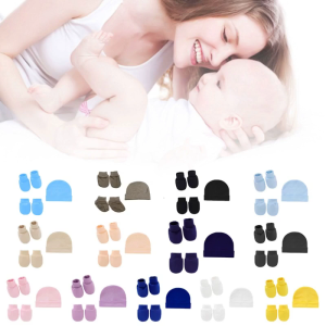 3 Pcs/Set Solid Color Spring Autumn Summer Single Layer Baby Anti Scratching Soft Cotton Gloves Hat Foot Cover Set