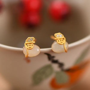 Dada jewelry gold earrings 916 Hetian jade pure gold earrings female Chinese style high-end light luxury engagement earrings