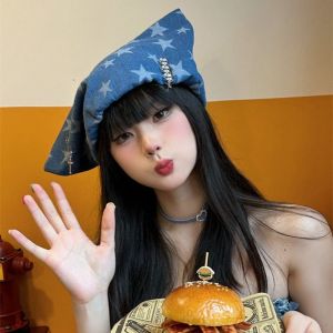 THANKSKY Ngôi Sao Mũ chui đầu Xanh dương Y2K Mũ Denim Cá nhân hóa Kim cương giả Mũ Beanie tai mèo Ngoài trời