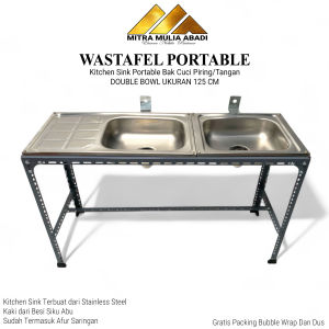 Wastafel Portable Double Bowl 125cm Bak Cuci Piring Tangan Murah Klinik Apotik FoodCourt Kitchen Sink 125cm 2 Lubang