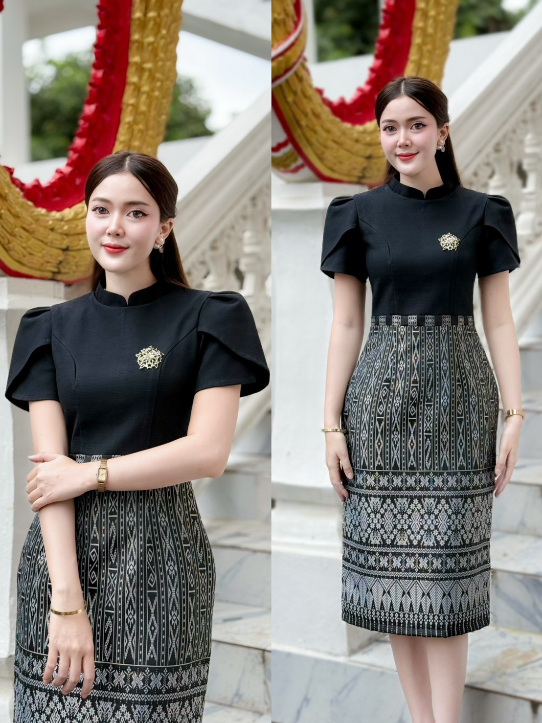 เดรสไทยดำอัดกาว ทรงเข้ารูป ใส่แล้วเพรียว พร้อมส่ง ไซส์ S-2XL มุมมองที่ 9
