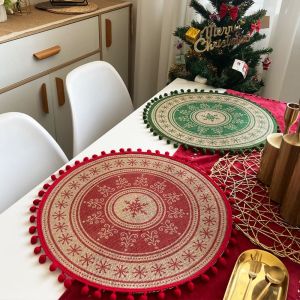 MMLUCK placemat for dining table Jute Christmas Placemat Vintage Round Tableware Mat Santa Snowflakes Anti-slip Coaster Dinning Table
