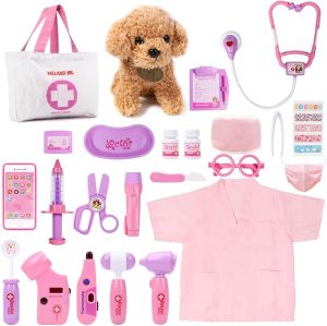 Meland Toy Doctor Kit for Girls - Pretend Play Doctor Set with Dog Toy Carrying Bag Stethoscope Toy & Dress Up Costume - Doctor Play Gift for Kids Toddlers Ages 3 4 5 6 Year Old for Role Play